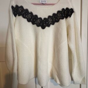 Elle Ivory Sweater with Black Lace Detail